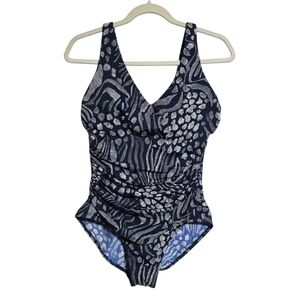 EUC MIRACLESUIT BLOCKBUSTER NAVY WHITE SWIMSUIT SZ12